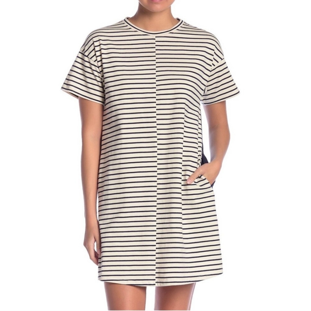Theory Relaxed Combo Shift Striped  Dress Petite M Blue & Cream